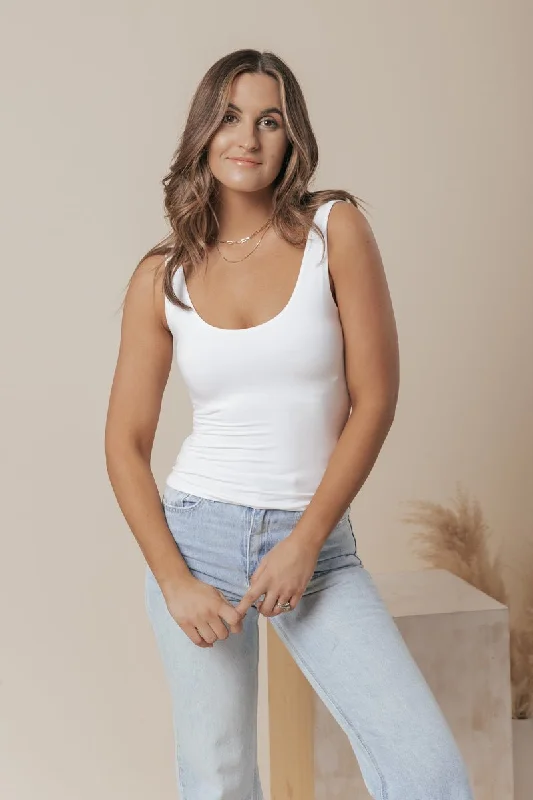 Comfy Chic Wear Scoop Neck Double Lined Jersey Tank - White