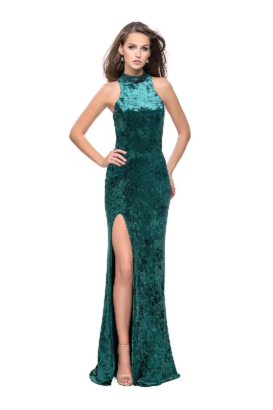 Relaxed Chic La Femme - 25783 Beaded High Halter Velvet Sheath Dress