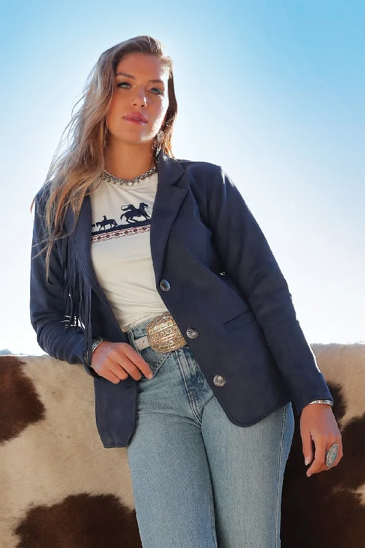 Relaxed Tops Cruel Girl Navy Blue Blazer with Fringe