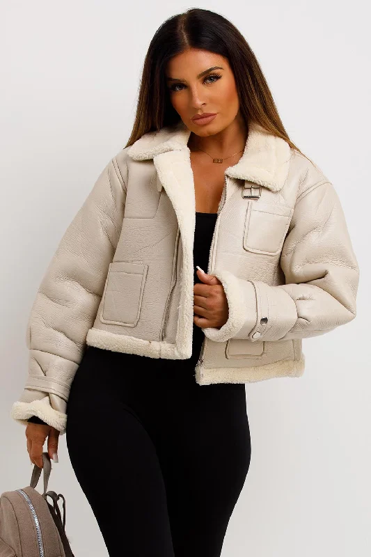 Breezy Outfits Crop Aviator Jacket Beige