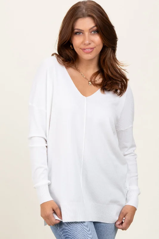 Comfy Layers Ivory  Front Seam V-Neck Side Slit Sweater