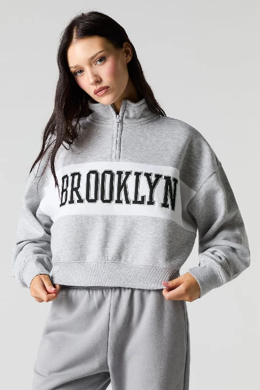 Trendy Looks City Twill Embroidered Quarter Zip Fleece Sweatshirt