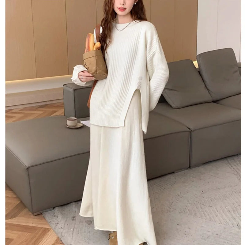 Relaxed Fashion Casual Round Neck Knitted Sweaters & Split Front Skirts