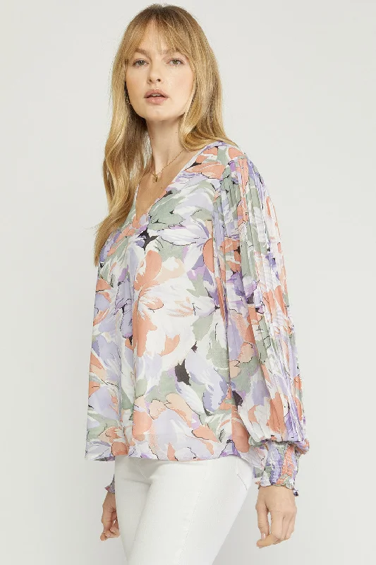 Soft Comfort Floral Pleated Sleeve Blouse