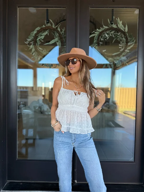 Weekend Comfort White Ruffled Eyelet Cami Top