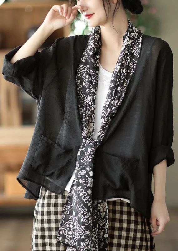 Cozy Footwear Beautiful Black Turtle Neck Patchwork Linen UPF 50+ Coat Long Sleeve