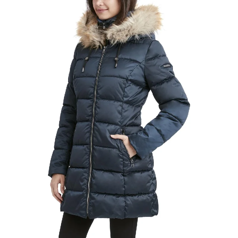 Warm Chic Laundry by Shelli Segal Women's Satin Quilted Puffer Coat with Faux Fur Trim