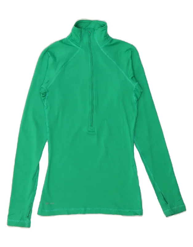 Warm Layers NIKE Womens Running Zip Neck Top Long Sleeve UK 6 XS Green Polyester