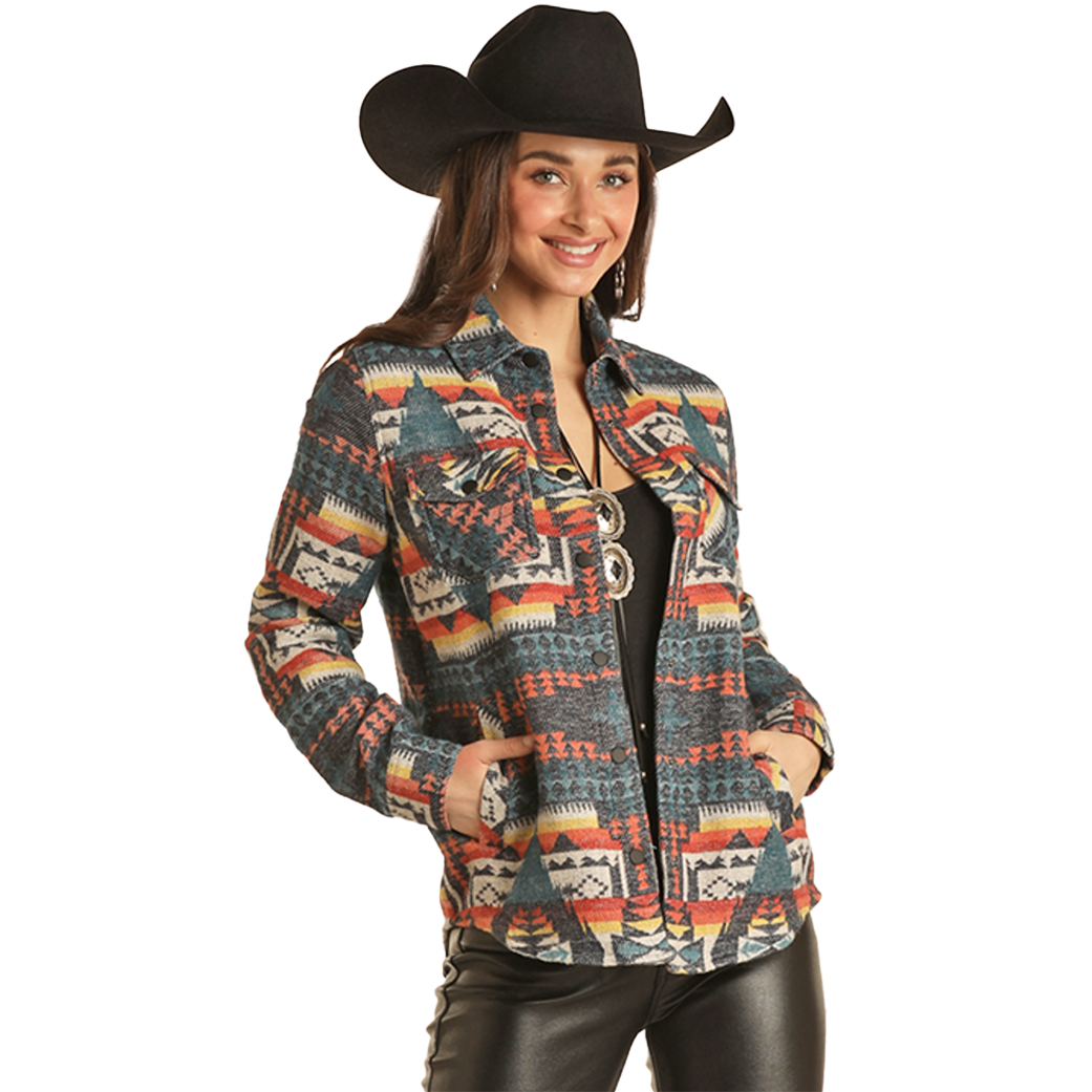 Simple Looks Rock & Roll Denim Women's Aztec Snap Shacket