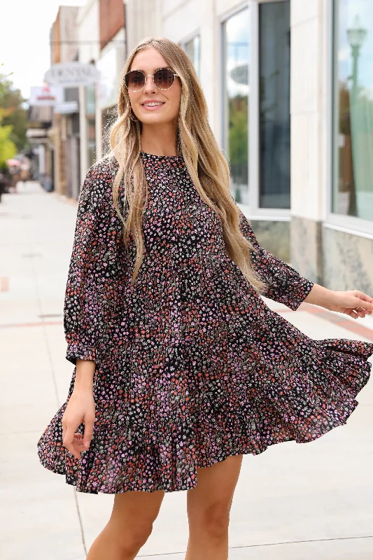 Soft Wearables FINAL SALE - Gorgeous Outcome Black Floral Tiered Mini Dress