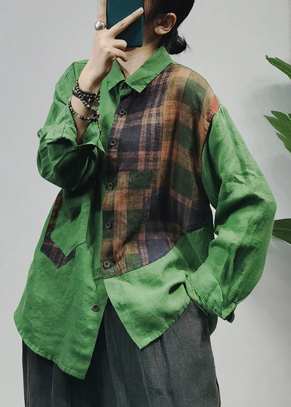 Comfortable Lifestyle Fashion Green Button Peter Pan Collar Plaid Patchwork Linen Blouse Top Long Sleeve Comfortable Lifestyle Fashion Green Button Peter Pan Collar Plaid Patchwork Linen Blouse Top Long Sleeve