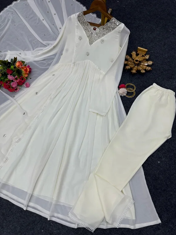 Trendy Layers KD 1371 Off White Faux Georgette Anarkali Top with Dupatta and Bottom