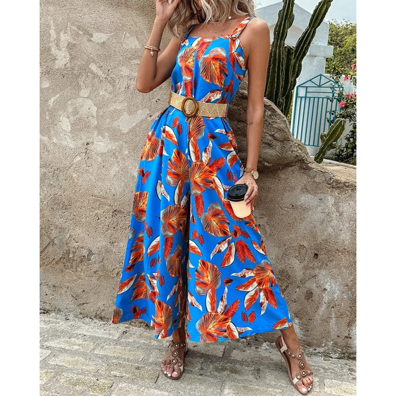 Chic Comfort Wear Fashion Floral Print Summer Jumpsuits with Belt