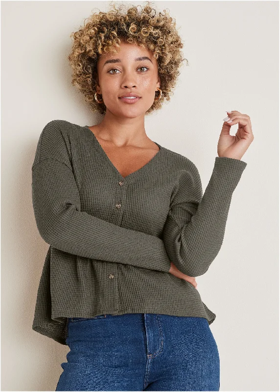 Comfortable Sweaters Waffle Babydoll Henley - Olive