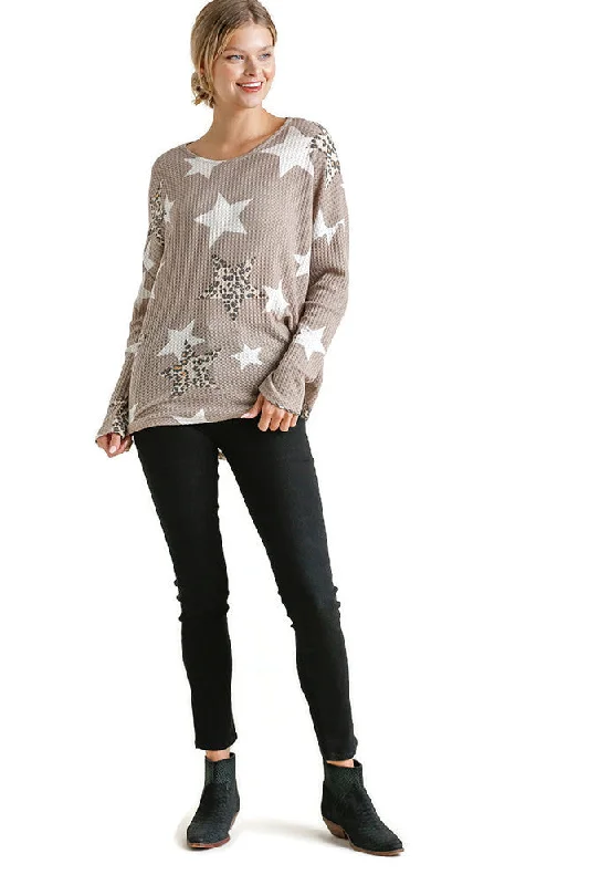 Cozy Street Style Star & Leopard Waffle Knit Top, Taupe