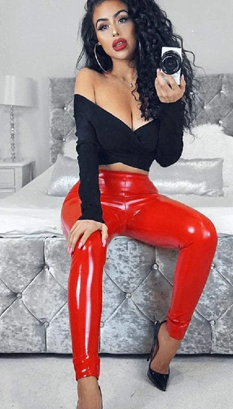 Cozy Chic Wear PU Vinyl Trouser Legging In Red
