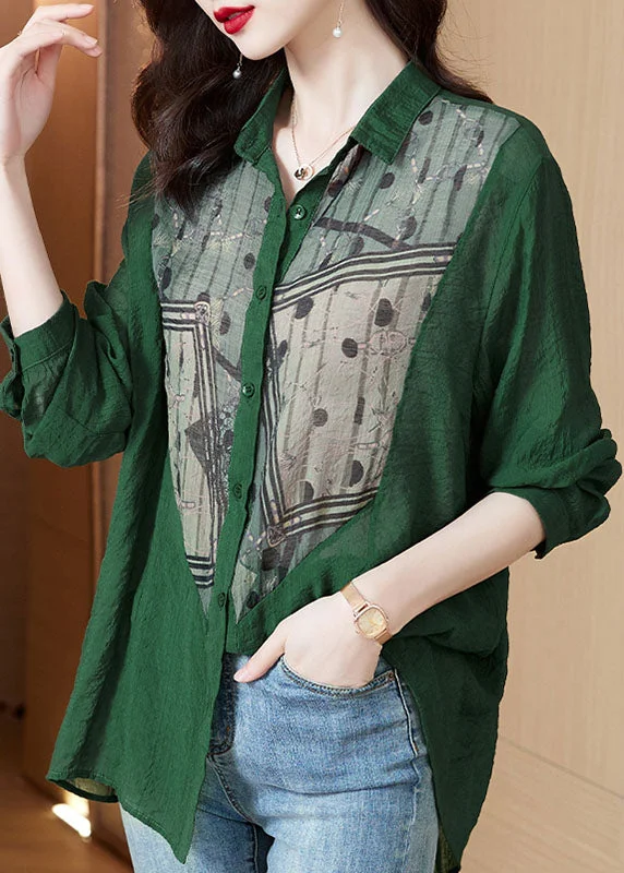 Everyday Outfits Elegant Green Peter Pan Collar Print Patchwork Cotton Blouses Long Sleeve