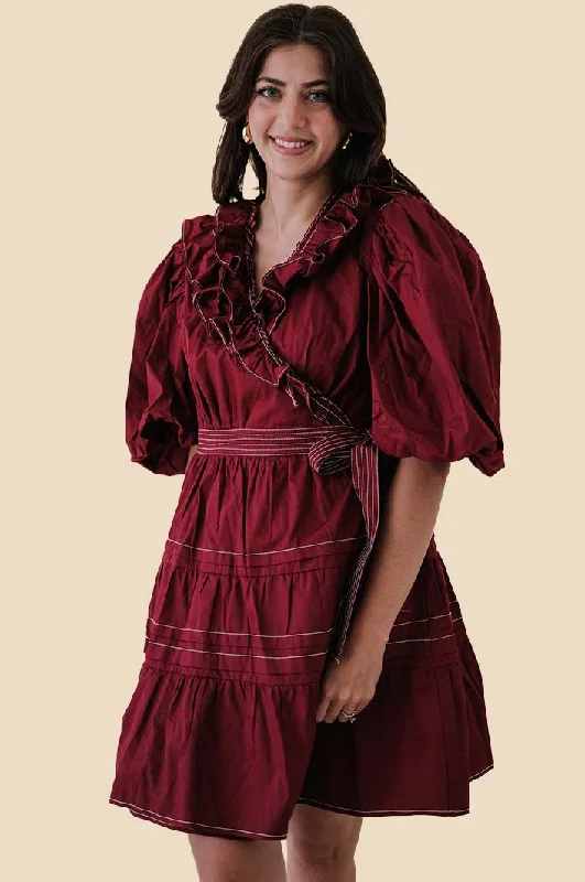 Relaxed Fashion Sofie the Label Tabitha Contrast Stitch Wrap Mini Dress (Red)