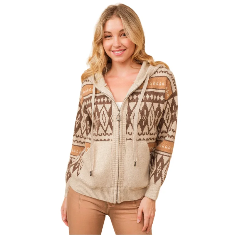 Comfortable Jeans Blue B Women's Brown Aztec Zip Up Hooded Sweater Jacket
