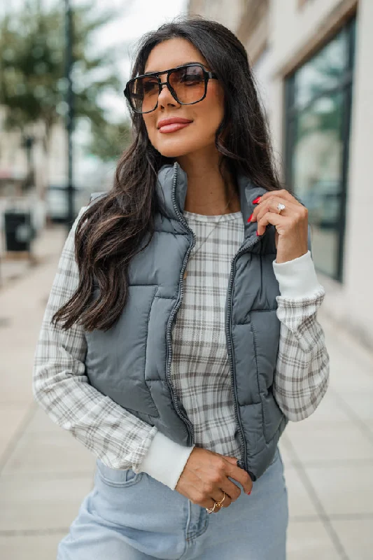 Everyday Outfits Sights To See Slate Cropped Puffer Vest SALE