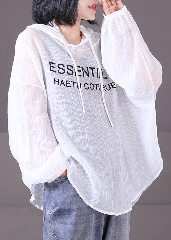 Casual Chic Outfits Beautiful White Hooded Letter Print Cotton UPF 50+ Sweatshirt Top Long Sleeve