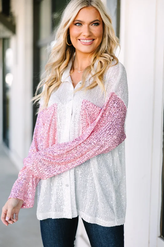 Cozy Fashion Let's Hit Broadway Pink Colorblock Sequin Blouse