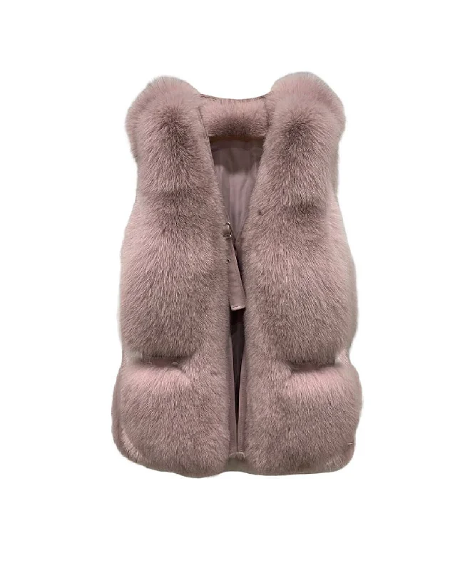Stylish Jackets Genuine Striped Paneled Fox Fur Vest Gilet In Dusty Pink