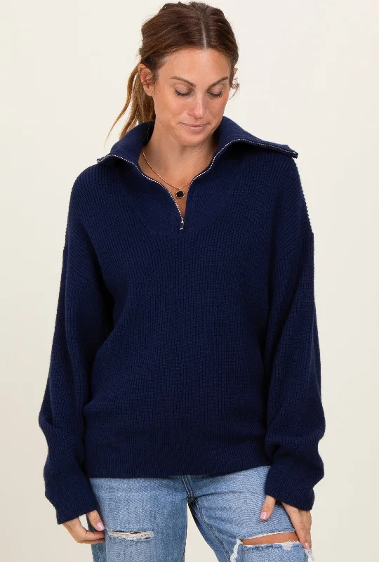 Breezy Comfort Navy Half Zip Chunky Knit Pullover Sweater