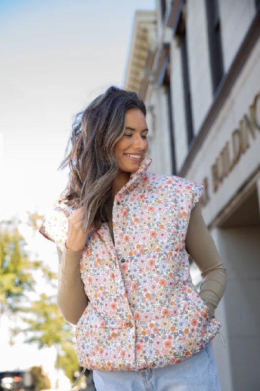 Relaxed Tops Cool Down Multi Floral Printed Puffer Vest SALE