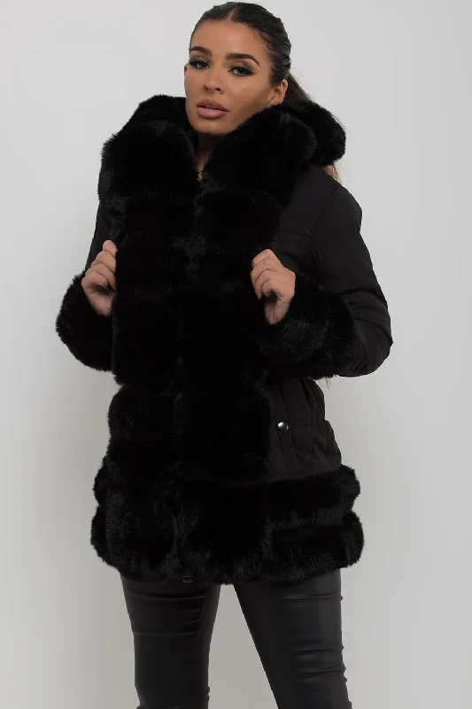 Casual Comfort Wear Puffer Jacket With Fur Hood Cuff And Trim Black