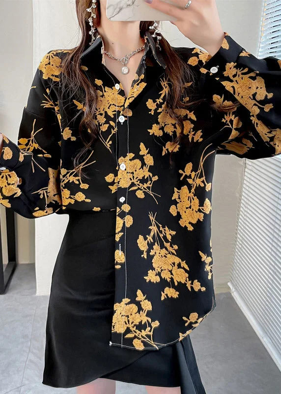 Cozy Lounge Wear Beautiful Black Peter Pan Collar Button Print Chiffon Shirt Tops Spring
