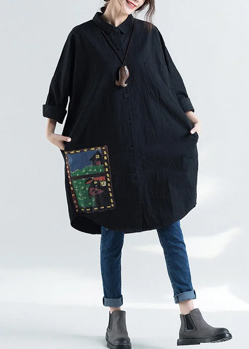 Cozy Knits Elegant lapel print cotton tunic pattern Plus Size design black Knee shirts spring