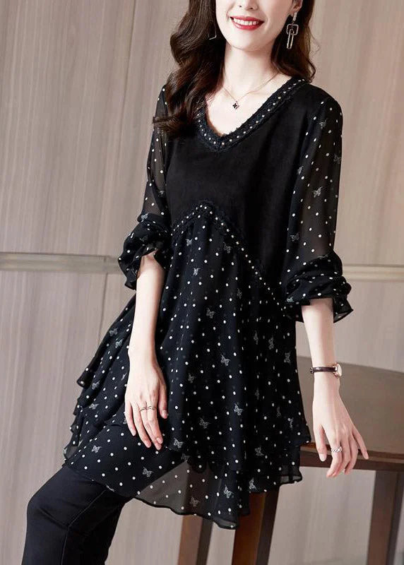 Comfy Chic Wear Beautiful Black V Neck Dot Patchwork layered design Chiffon Tops Long sleeve
