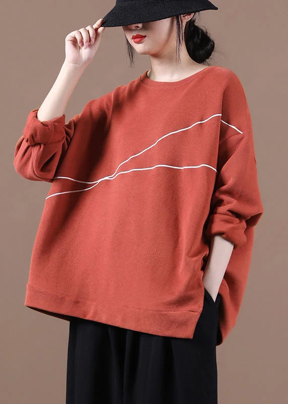 Relaxed Chic Elegant Brick Red O-Neck Embroideried Loose Fall Sweatshirt