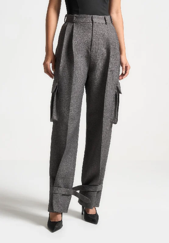 Easy Wear Chic Textured Tailored Pleated Cargo Trousers - Grey Marl