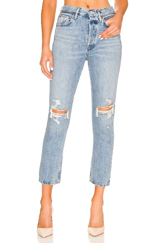 Comfortable Sweaters Riley High Rise Straight Crop Jean In Blitz (Med Indigo)