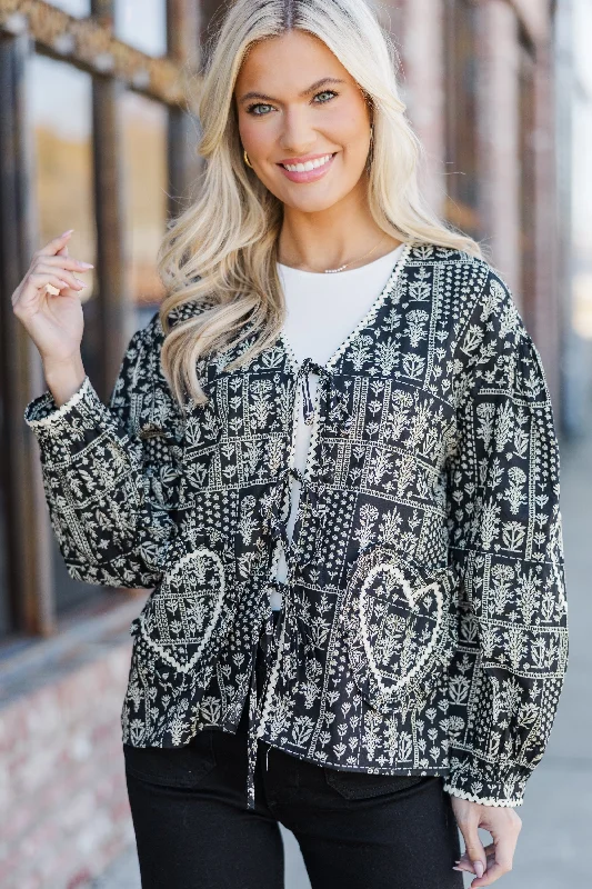 Relaxed Tops Feeling The Best Black Floral Tied Front Jacket