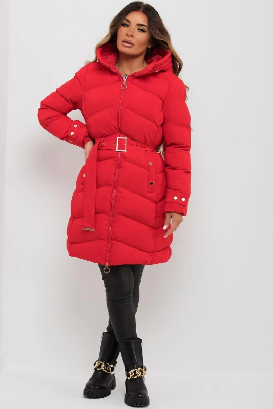 Light Layers Red Long Puffer Coat With Belt And Gold Button Detail