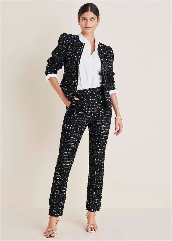 Smart Comfort Wear Tweed Straight Leg Trousers - Black Multi