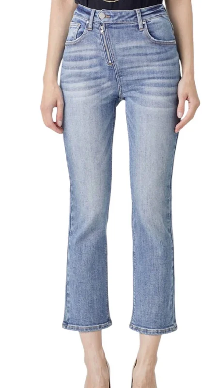 Relaxed Fits Straight Leg Asymetrical Zipper Jeans In Light Denim