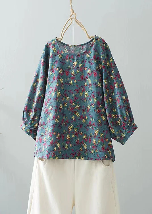 Trendy Dresses Fitted Blue O-Neck Print Shirt Top Long Sleeve