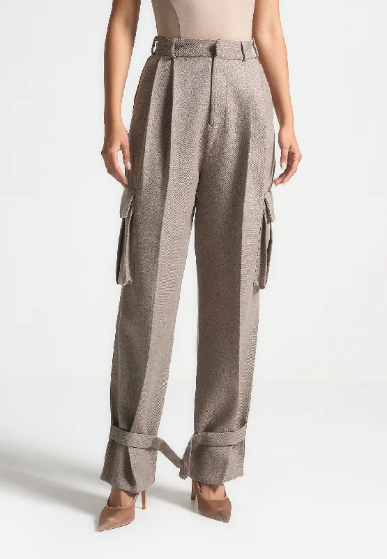 Soft Comfort Textured Tailored Pleated Cargo Trousers - Taupe
