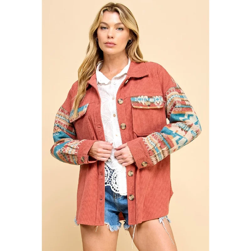 Warm Layers Women's Rust & Aztec Contrast Corduroy Shacket