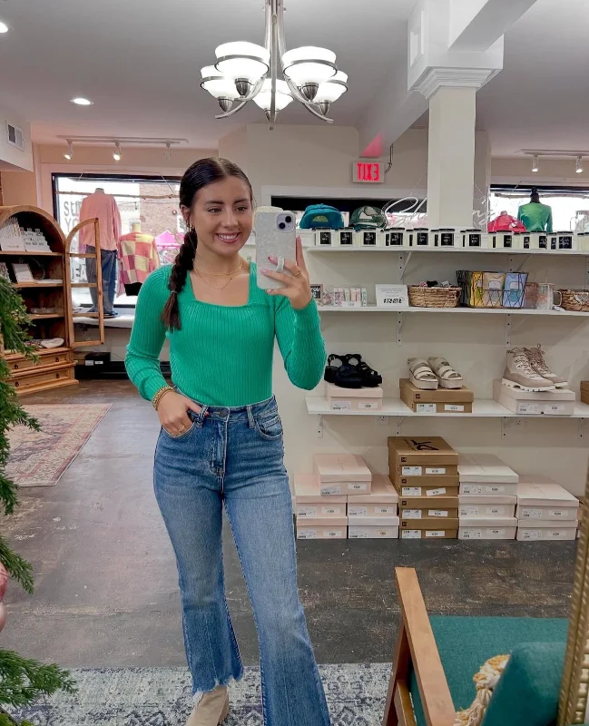 Cozy Essentials Wear Risen Frayed Hem Ankle Flare Jeans