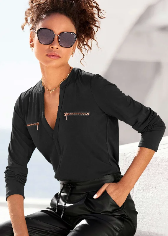 Soft Feel Zipper Detail Top - Black