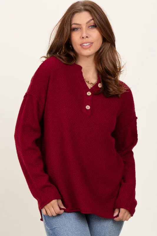 Comfortable Sweaters Burgundy Diamond Knit Button Detail Sweater