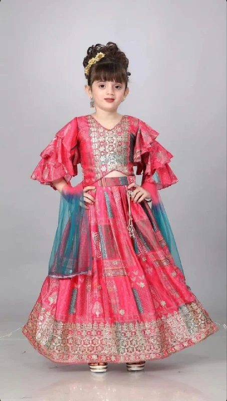 Versatile Outfits Sequins Embroidered with Beautiful Printed Fancy Sleeve Top Kid’s Lehenga