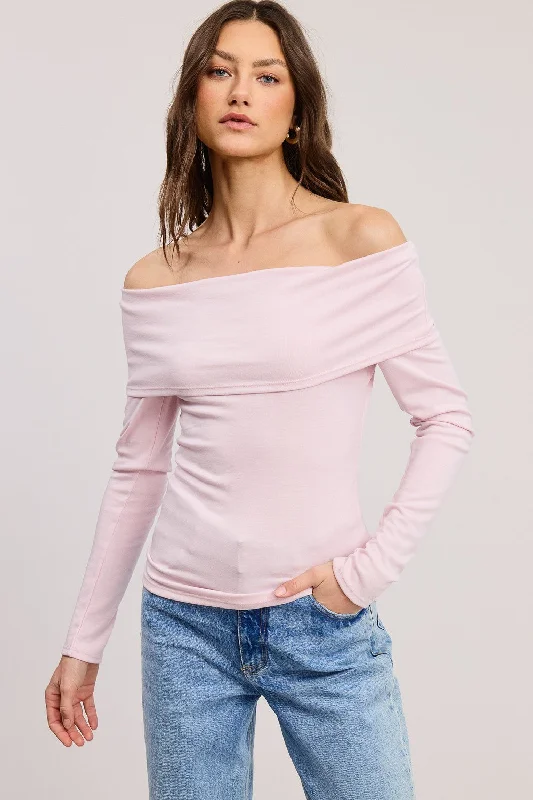 Soft Feel Pink Off Shoulder Foldover Long Sleeve Top