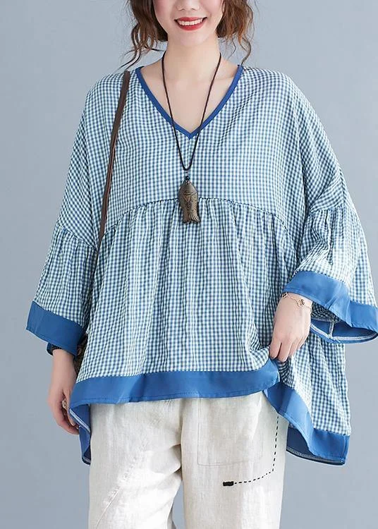 Easy Wear Chic Fine Blue Plaid Patchwork flare sleeve Top Spring Summer