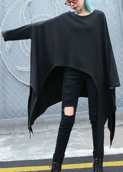 Versatile Outfits Fitted Black O-Neck asymmetrical design Loose Fall Long sleeve Top